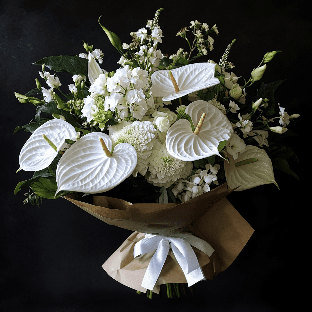 White anthurium bouquet with mixed flowers wrapped in paper against a black background