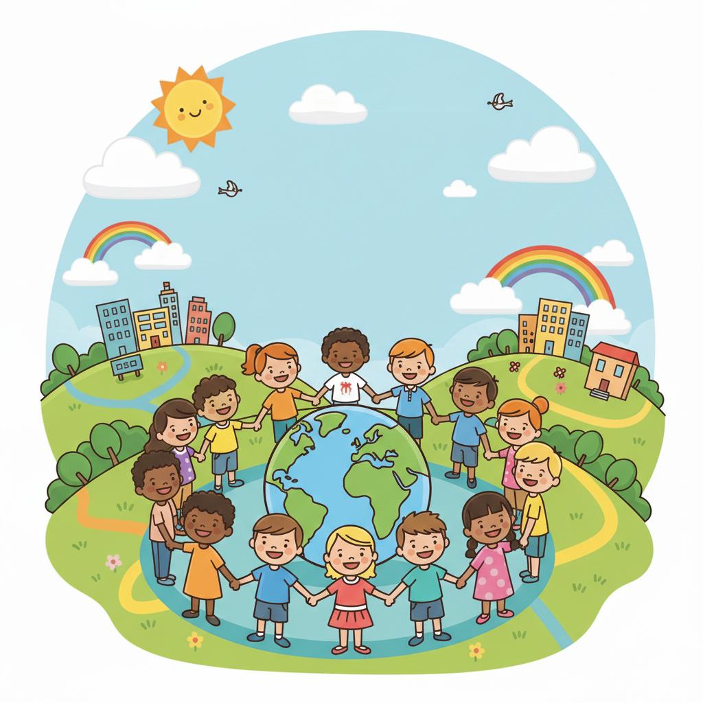 Cartoon children holding hands around the Earth in a sunny outdoor scene with rainbows and clouds