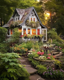 Charming cottage with glowing windows nestled in vibrant flower garden at dusk