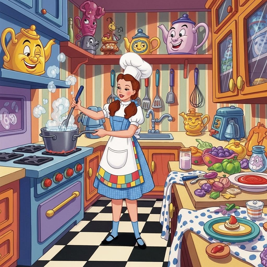 Cartoon girl cooking at a stove in a colorful kitchen with smiling teapots and a table of food