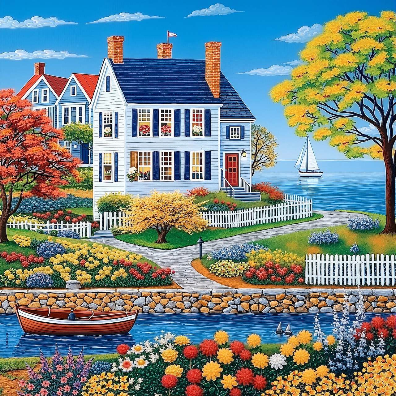 White colonial house with blue roof overlooking ocean with colorful flower garden and white picket fence