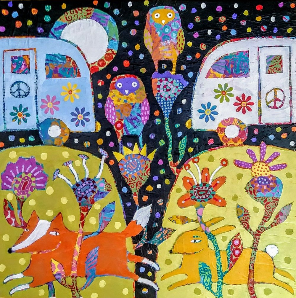 Colorful folk art scene with two camper trailers, owls, moon, and whimsical animals on a starry background