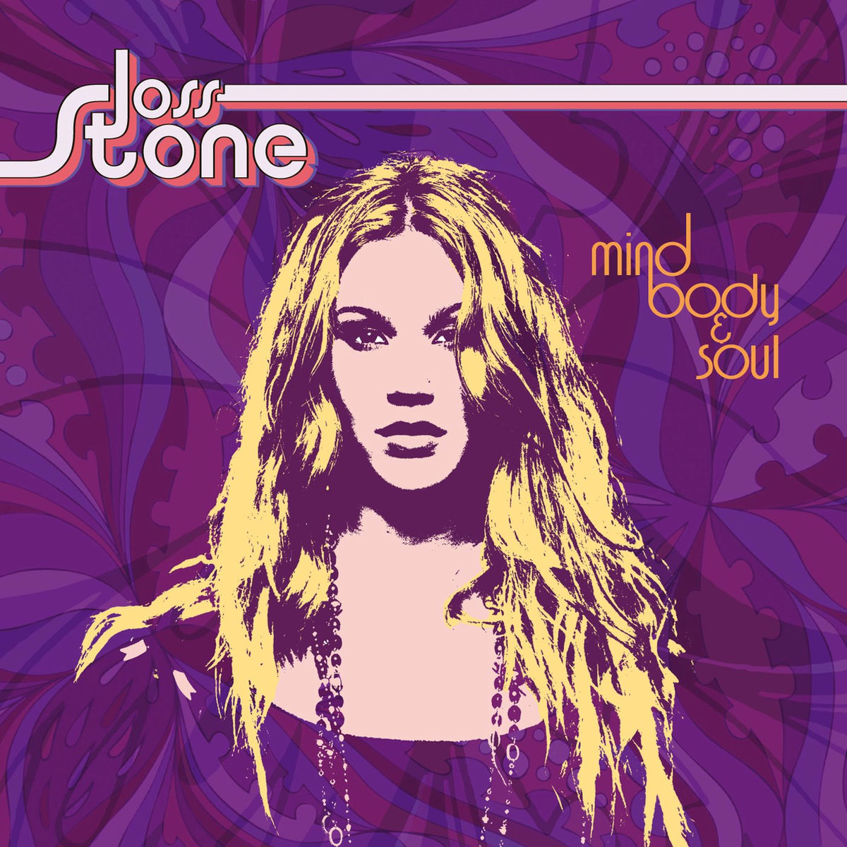Stylized purple and gold album cover portrait of Joss Stone with floral background and text