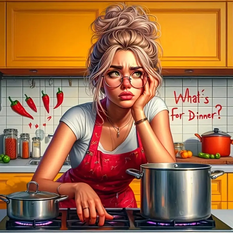 Woman in red apron cooking at stove in orange kitchen