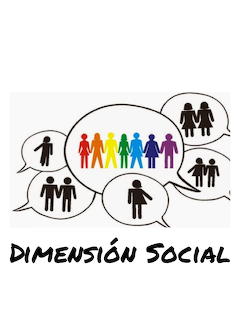 Colorful stick figures holding hands inside speech bubbles with text Dimensión Social below