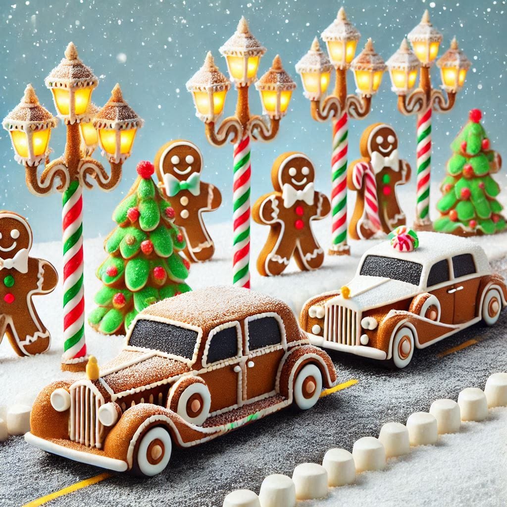 Gingerbread cookies arranged as Christmas village with vintage cars, street lamps, trees and gingerbread people on snowy surface