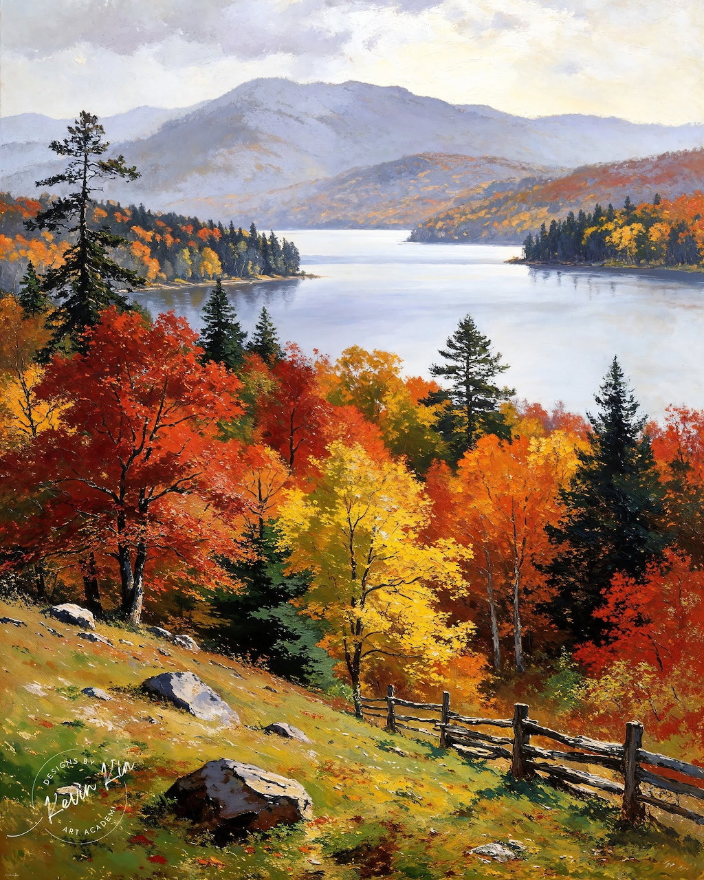 Autumn landscape painting with colorful trees, a lake, distant mountains, and a wooden fence