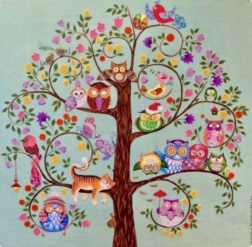 Whimsical illustrated tree with colorful birds, owls, flowers, and a fox on a light blue background