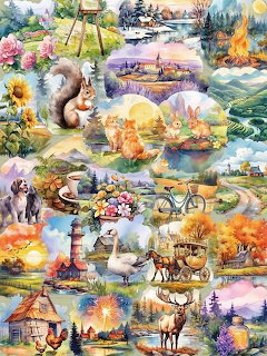 Colorful illustrated collage of seasonal scenes with animals, cottages, sunflowers, deer, swans, and landscapes