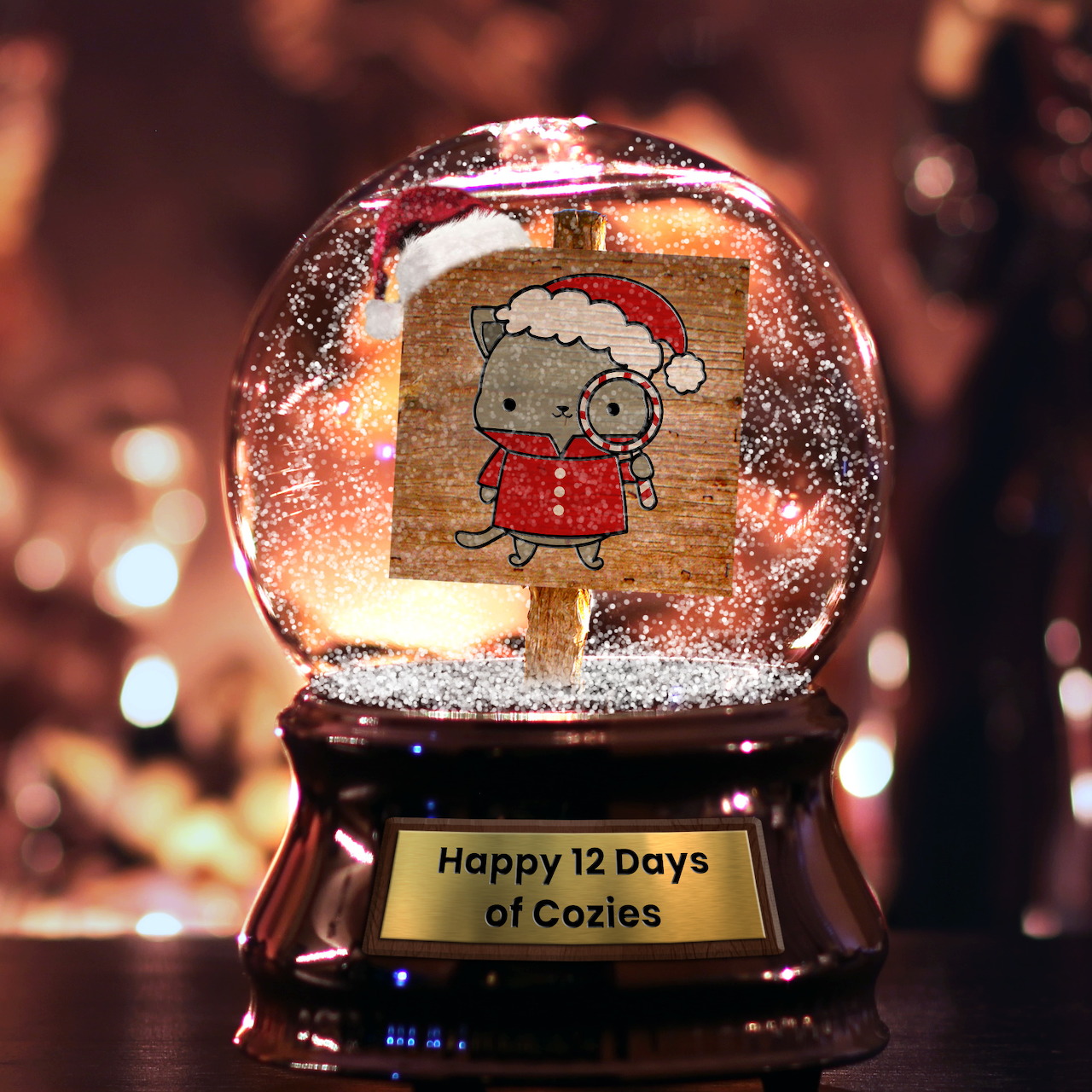 Snow globe with cartoon cat in Santa hat and red sweater on wooden easel, gold plaque at base