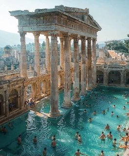Ancient Roman bath ruins with tall columns beside a turquoise pool filled with people
