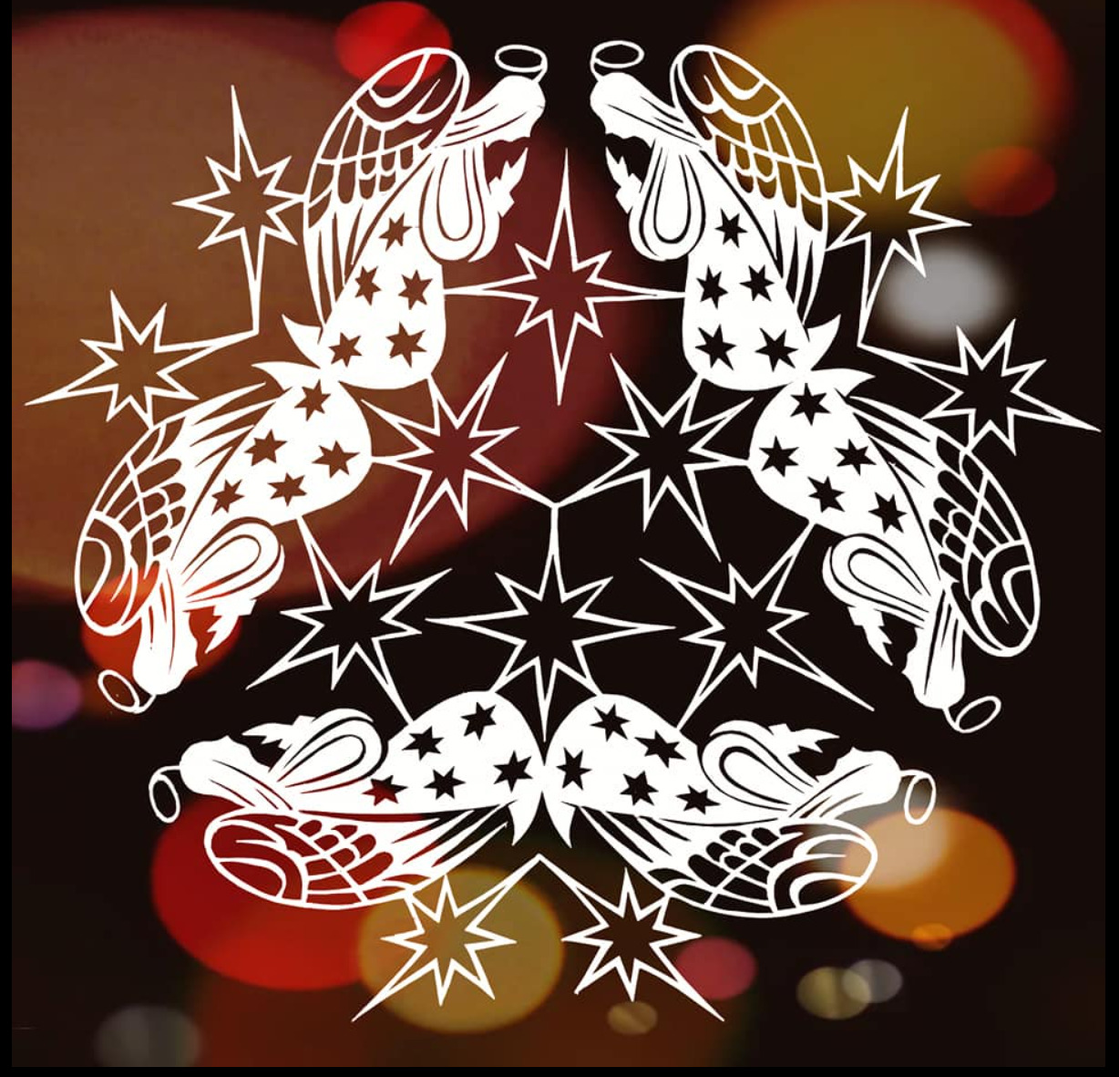 Four white stylized angels and stars arranged in a circle on a dark red blurred background