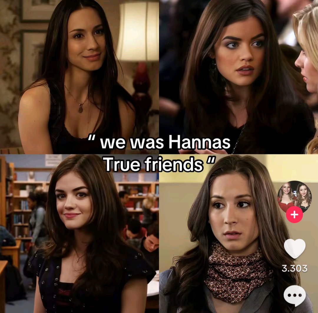 Collage of four Pretty Little Liars scenes featuring young women indoors with caption text overlay