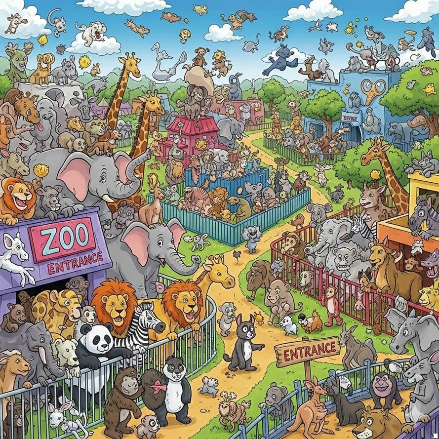 Cartoon zoo scene with many animals in colorful enclosures under blue sky