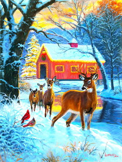 Deer standing in snow near red covered bridge at sunset with cardinals and snow-covered trees