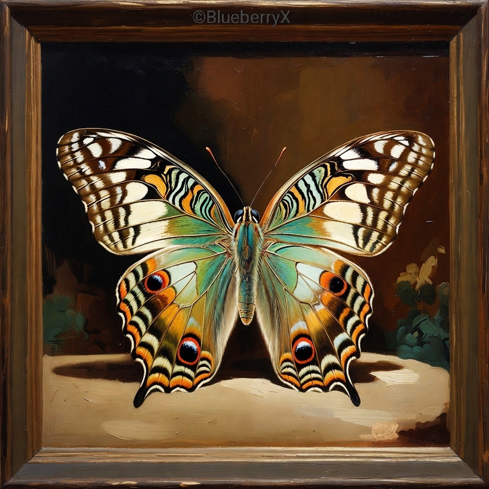 Ornate butterfly with patterned wings in brown, cream and turquoise colors displayed in wooden frame shadow box