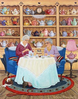 Illustration of two elderly women having tea in a room lined with shelves of teapots