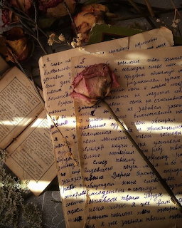 Dried pink rose lying on top of scattered old handwritten letters and paper pages