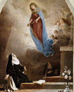 Painting of the Virgin Mary appearing to a kneeling nun with angels and lilies