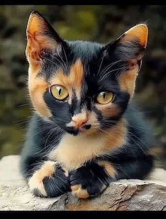 Calico kitten with black and orange markings sitting on a stone surface looking at the camera