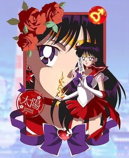 Anime illustration of Sailor Mars with black hair, red sailor uniform, roses, and purple bow