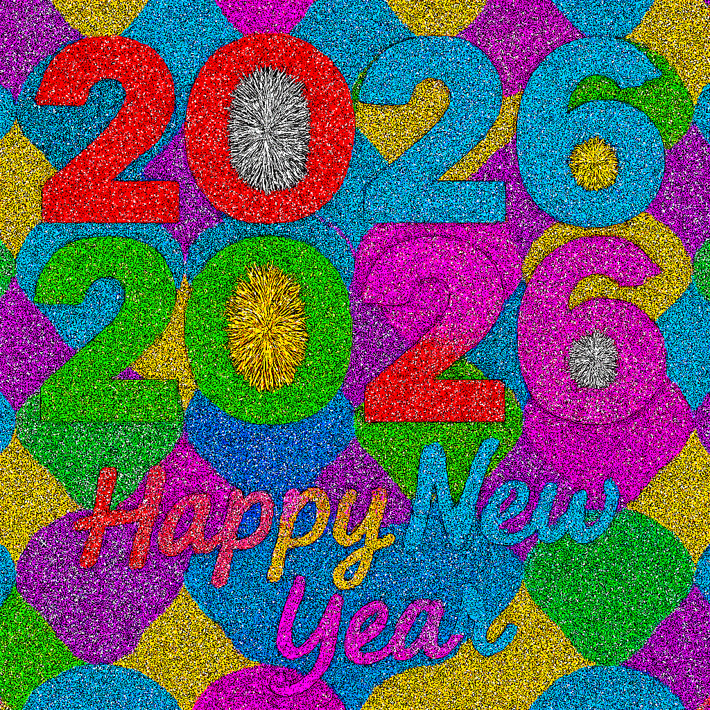 Colorful glitter numbers 2026 with Happy New Year text in bright pink, blue, green, yellow and orange