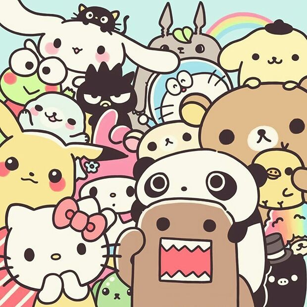 Crowded kawaii cartoon scene with Hello Kitty, a brown bear, a panda costume character, and cute pastel animals