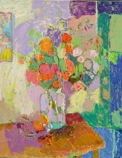 Impressionist painting of flowers in vase on orange table with vibrant purple, pink, and green colors