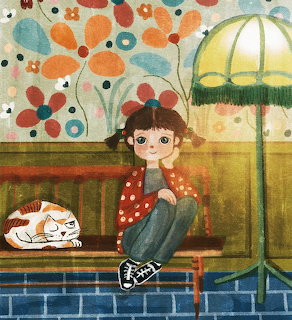 Illustration of girl with curly hair sitting on bench next to white cat under yellow lamp with floral wallpaper