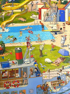 Illustrated busy summer pool with slides, swimmers, lifeguards, and people relaxing on grass