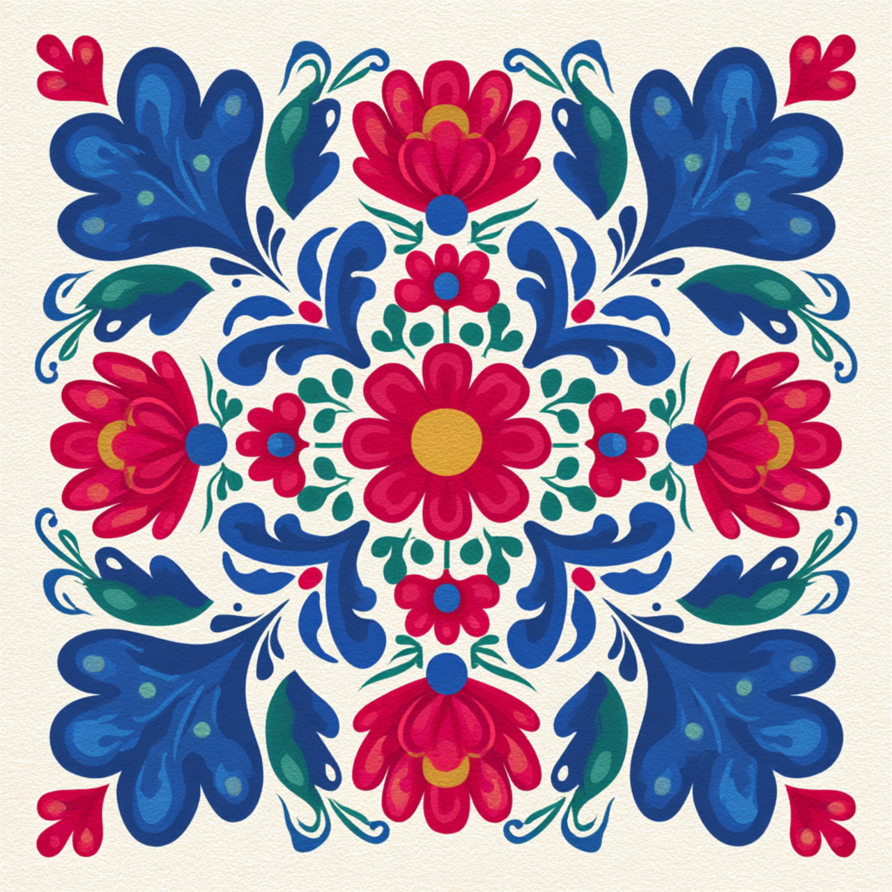 Symmetrical floral folk art pattern in blue, red, and green on a white background