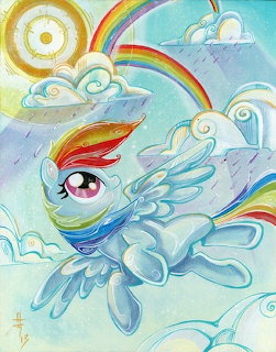 Illustration of Rainbow Dash, a cyan pony with rainbow mane flying through clouds and rainbows