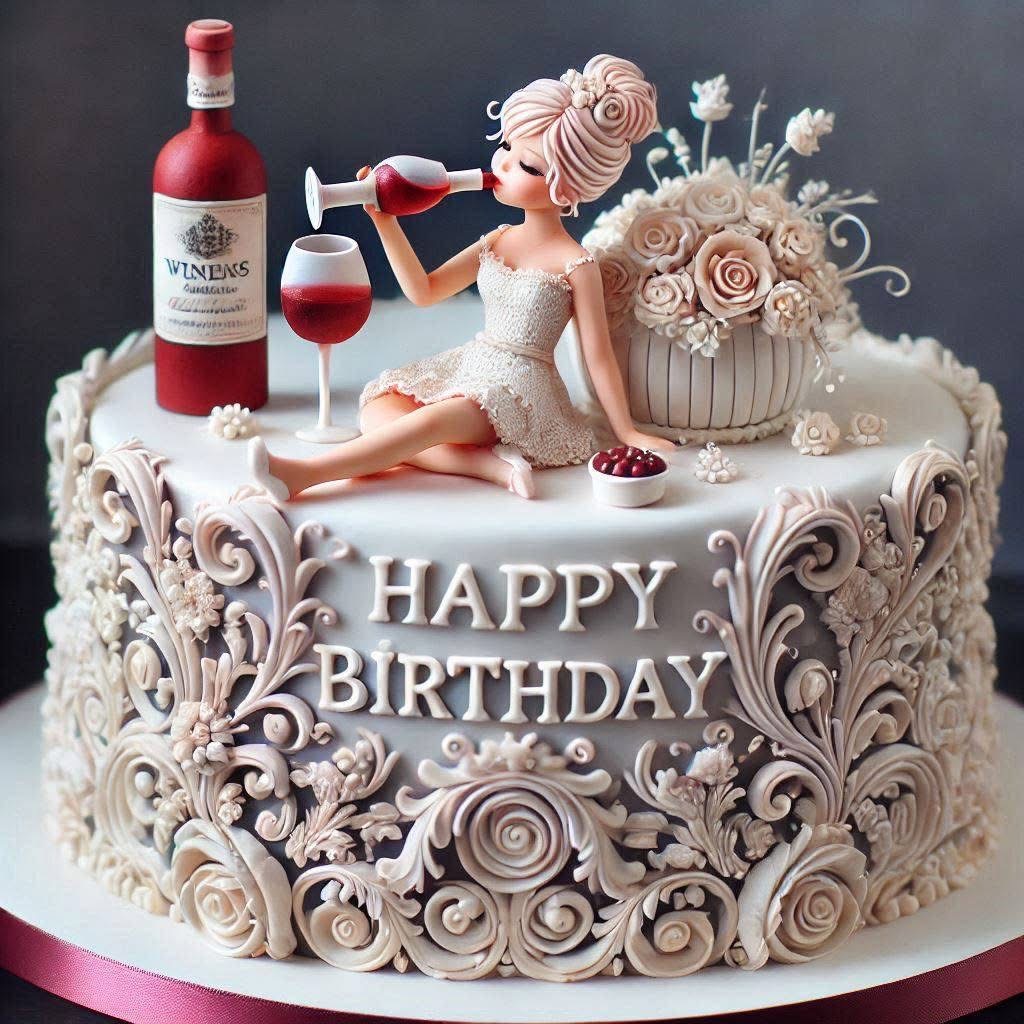 Decorative birthday cake with woman figurine, wine bottle, glass, and elaborate frosting rosettes in beige tones