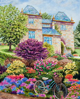 Watercolor painting of stone cottage with vibrant flower garden and bicycle