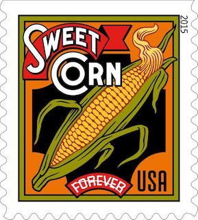 Vintage postage stamp illustration with sweet corn and retro lettering on orange background