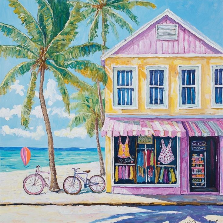 Painting of yellow and pink beach shop with palm trees and bicycle on sandy shore