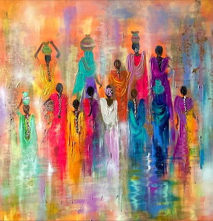 Impressionistic painting of African women wearing colorful traditional garments in warm and cool tones
