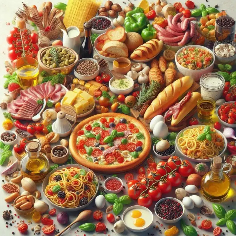 Overhead view of colorful food collage with pizza, pasta, bread, vegetables, fruits, and desserts