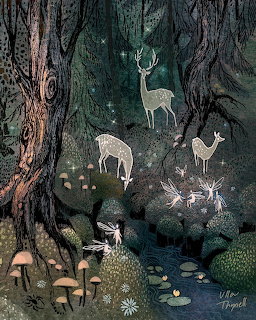 Illustration of a dark enchanted forest with deer, fairies, mushrooms, a stream, and ancient trees