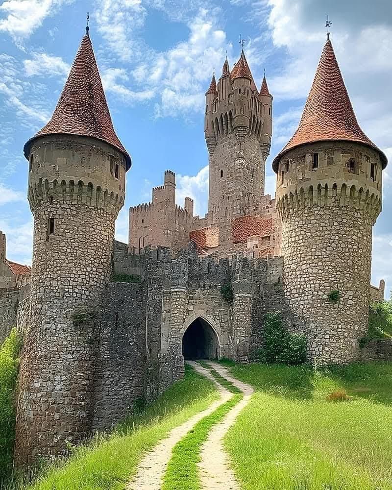 Medieval castle with cylindrical towers, conical roofs, stone walls, and grass path leading to arched entrance