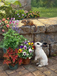 Painting of a white rabbit looking up at a chipmunk on a stone garden wall with colorful flowers