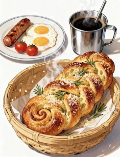 Anime illustration of braided bread in a basket,fried eggs with sausage on a plate, and a cup of coffee