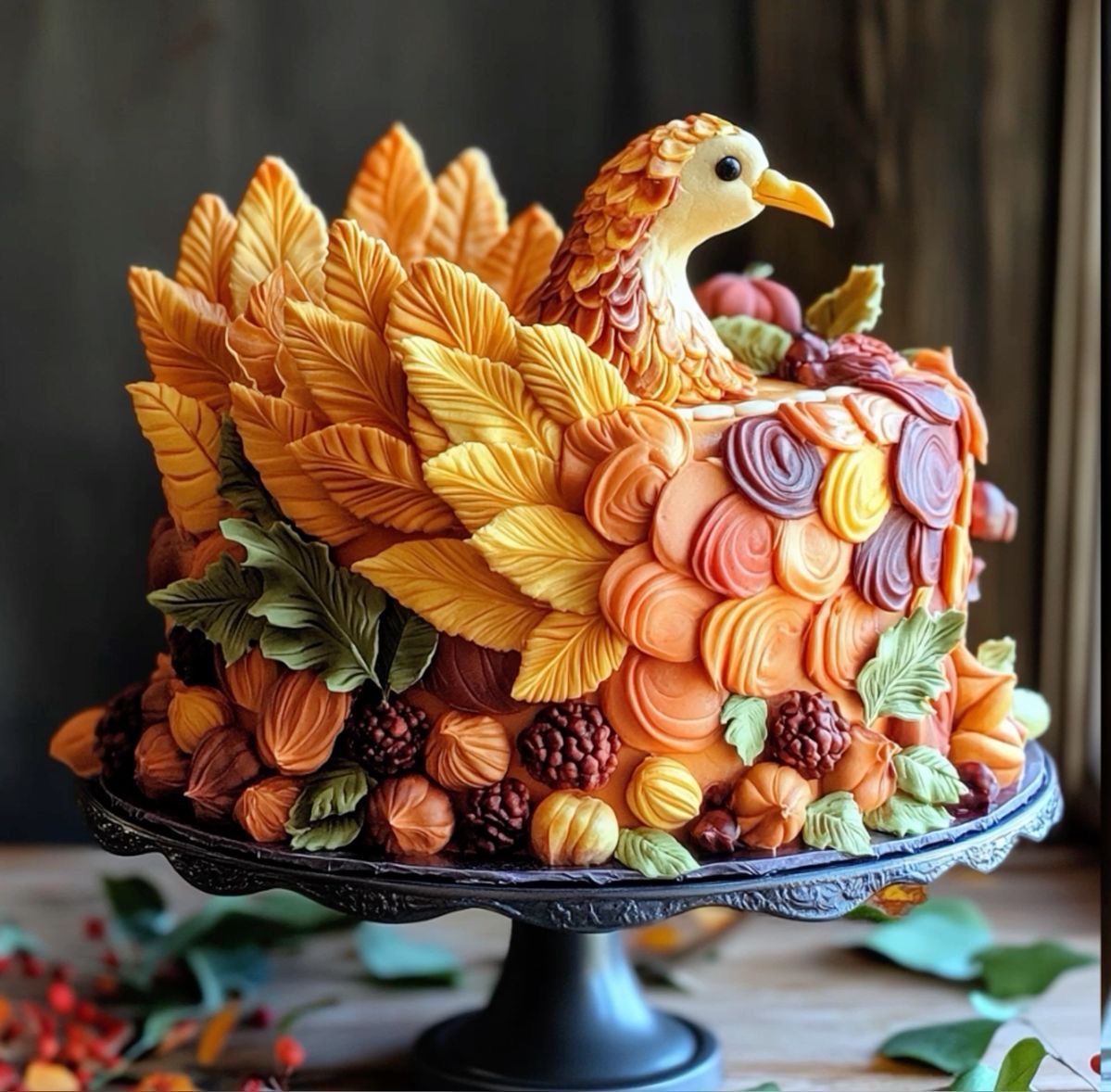 Turkey-shaped cake with piped frosting, fall leaves, and mini pumpkins on a black cake stand