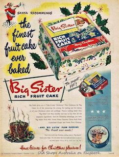 Vintage Christmas ad for Big Sister rich fruit cake with holly and illustrated cake box