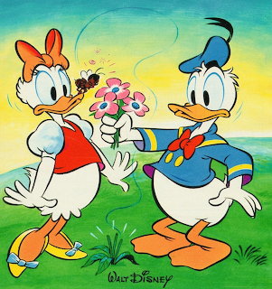 Donald Duck gives a bouquet of flowers to Daisy Duck in a cartoon outdoor scene