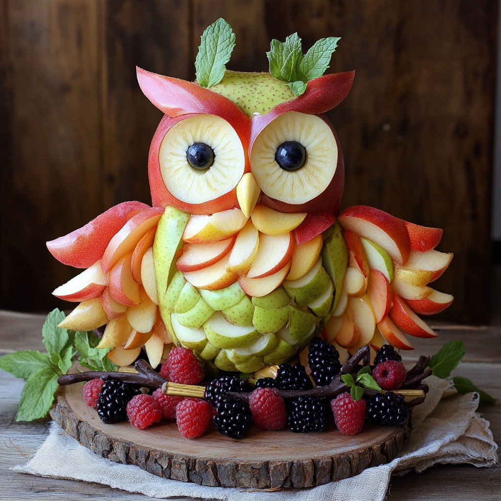 Owl-shaped fruit arrangement with apple slices, pear, berries, and melon on a wooden board