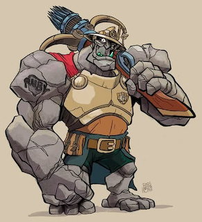 Muscular stone troll character in military uniform holding a crossbow, standing in confident pose