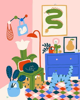 Illustrated pink room with a blue dresser, cat on a chair, plants, wall art, and a colorful rug