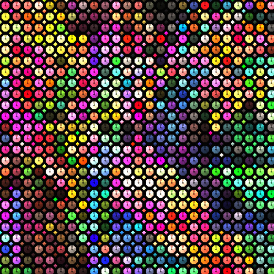 Abstract colorful mosaic of many small circular shapes in a dense pattern