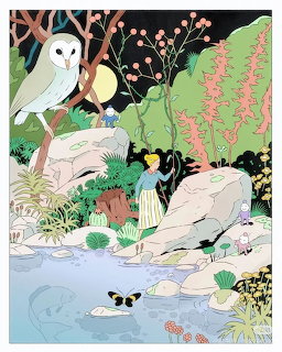 White owl in garden with flowers, rocks, stream and small dog in folk art style